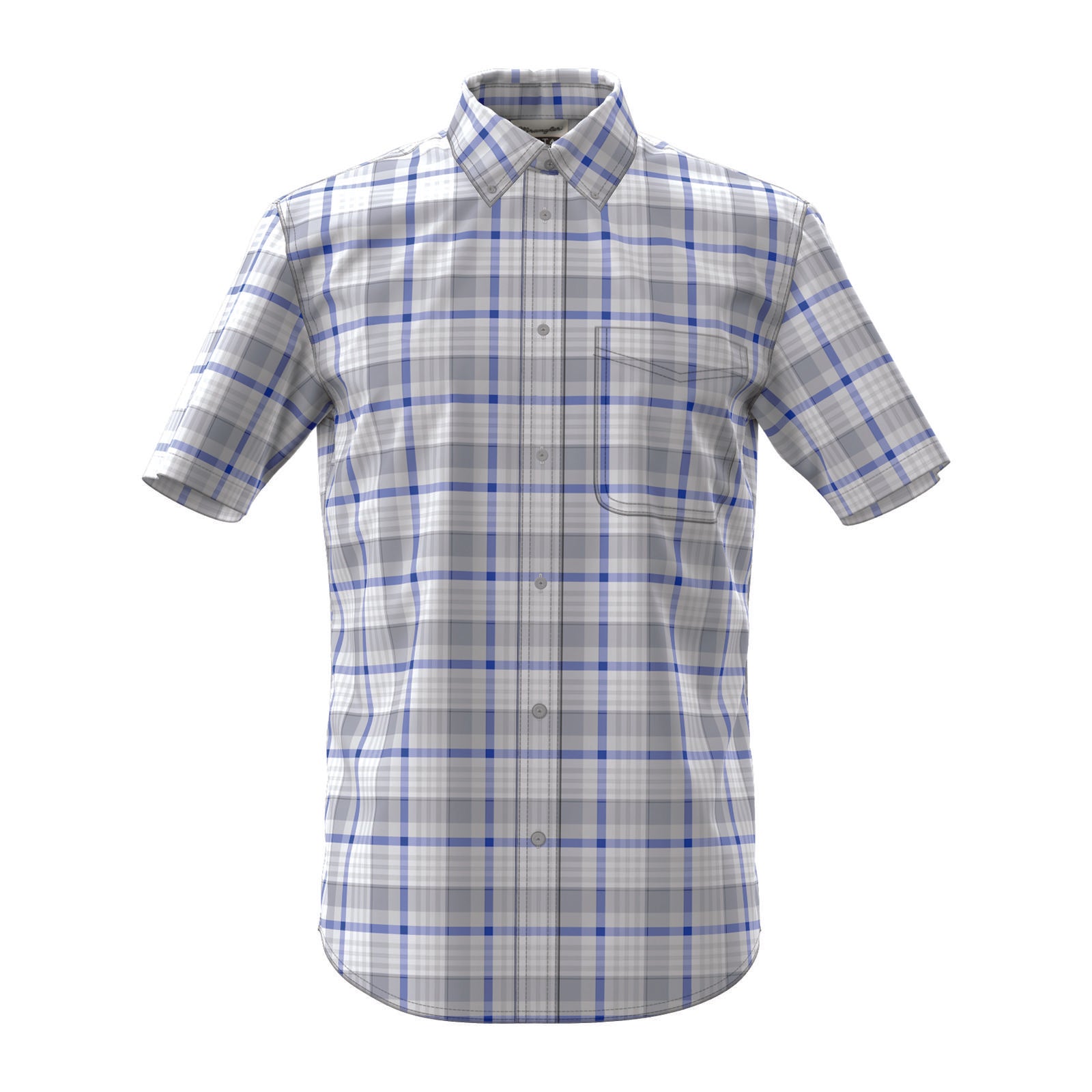 Men's Wrangler Riata® Short Sleeve Assorted Plaid Classic Fit Shirt in a large gray/white/blue plaid button down shirt. Has left chest open pocket.
