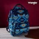 This Navy Geometric print backpack from Wrangler features top carry handles and shoulder straps. 