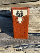 Brown ostrich print leather checkbook wallet with cowhide inlay featuring a Longhorn Concho.  Front View A