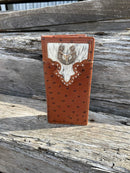 Brown ostrich print leather checkbook wallet with cowhide inlay featuring a Longhorn Concho.  Front View B