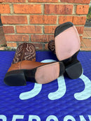 Men's Anderson Bean square toe boots in Rust Shrunken Bison with Brass Explosion shafts.  Bottom view showing hybrid outsole.