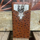 Brown ostrich print leather checkbook wallet with cowhide inlay and a Rooster Concho. Front View A