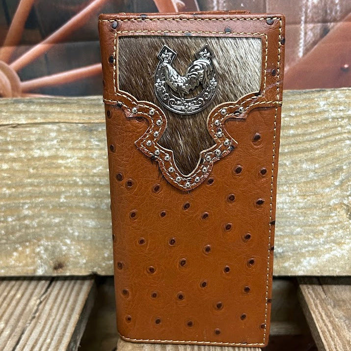 Brown ostrich print leather checkbook wallet with cowhide inlay and a Rooster Concho. Front View B