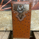 Brown ostrich print leather checkbook wallet with cowhide inlay and a Rooster Concho. Front View B