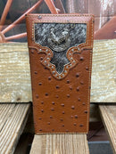 Brown ostrich print leather checkbook wallet with cowhide inlay and a Rooster Concho. Front View C