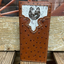 Brown ostrich print leather checkbook wallet with cowhide inlay and a Rooster Concho. Front View D