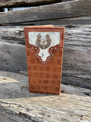 Brown alligator print leather checkbook wallet with cowhide inlay and a Longhorn Concho. Front View
