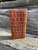Brown alligator print leather checkbook wallet with cowhide inlay and a Longhorn Concho. Rear View