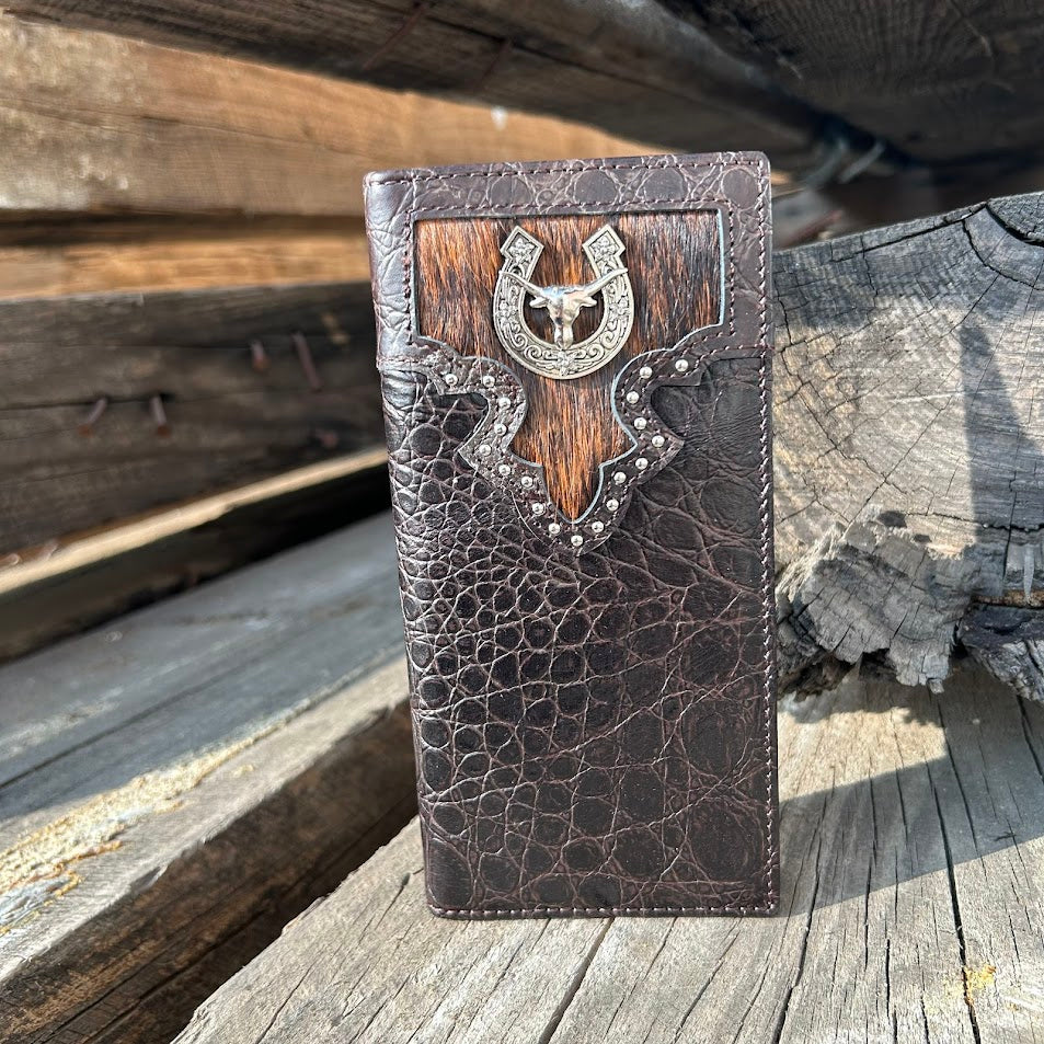Coffee Brown alligator print checkbook wallet with a Longhorn Concho on a cowhide inlay. Front View