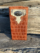 Brown alligator print leather checkbook wallet with a cowhide inlay featuring a Praying Cowboy Concho. Front View A