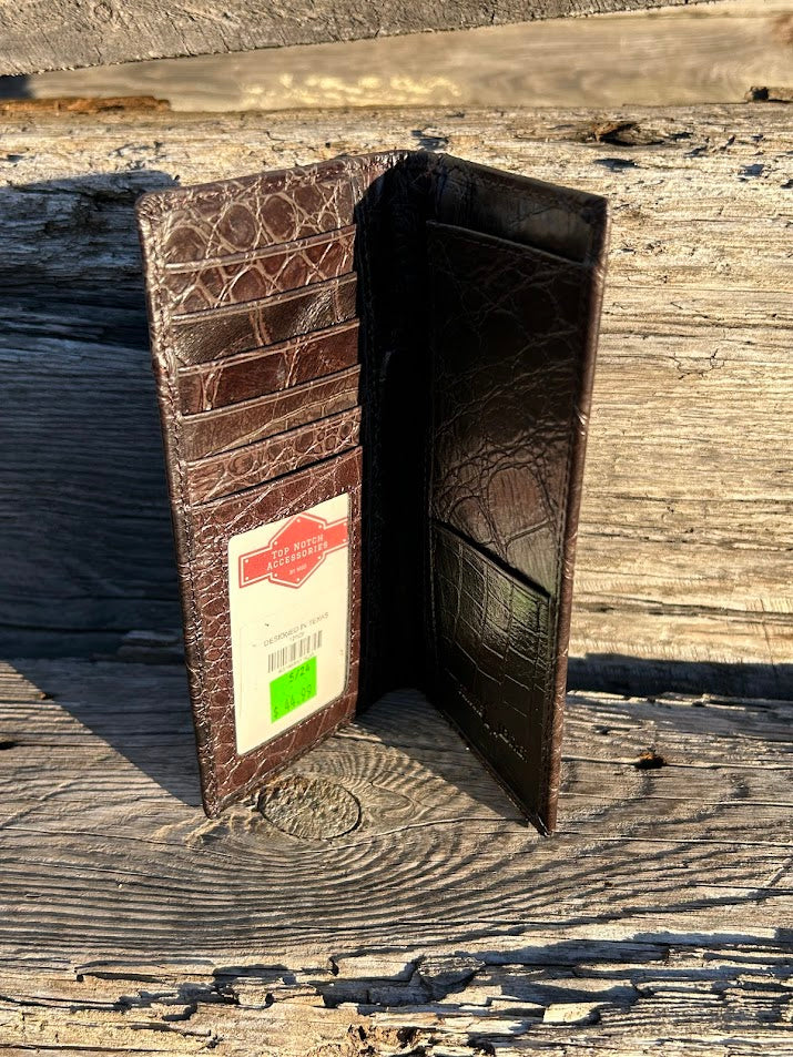 Coffee Brown alligator print checkbook wallet with a cowhide inlay featuring a Praying Cowboy Concho. Inside view showing multiple card slots, ID window, and checkbook slot. 