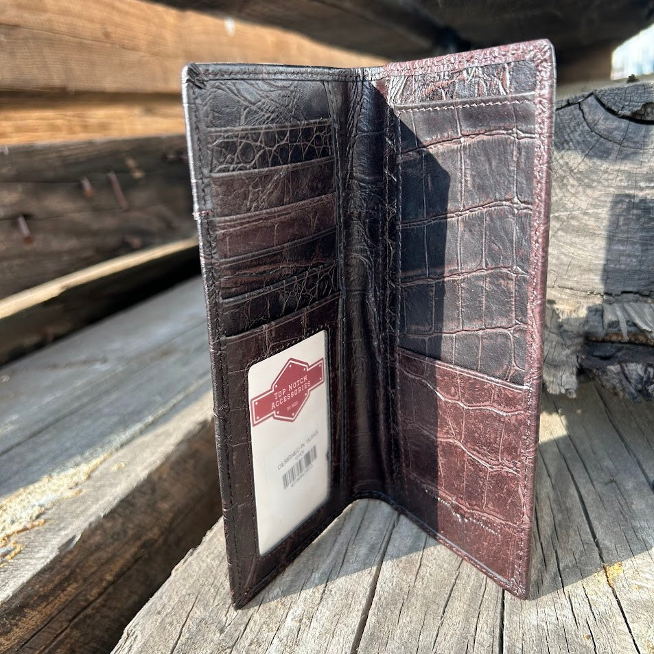 Coffee Brown checkbook wallet with Rooster Concho on a cowhide inlay. Inside view showing checkbook slot, ID window, and multiple card slots. 