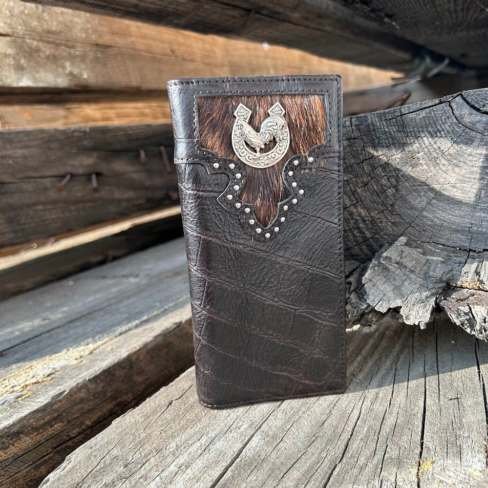 Coffee Brown checkbook wallet with Rooster Concho on a cowhide inlay. Front View 