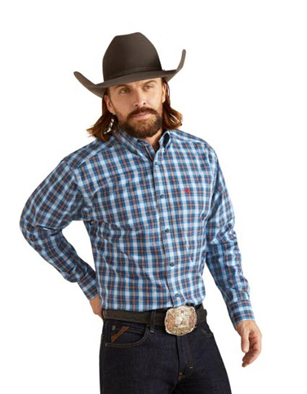 Men's Ariat long sleeve Blue Plaid shirt. Front view showing shirt tucked in. 