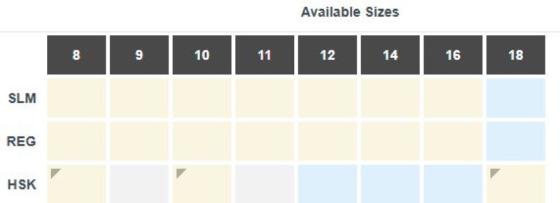 Size scale showing which sizes are currently manufactured in boys' George Strait original fit cowboy cut jeans. Subject to change without notice.