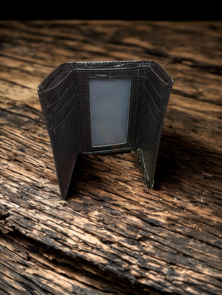 Black Alligator print leather trifold wallet with cowhide inlay and a Praying Cowboy Concho. Inside view showing multiple card slots and a ID window.