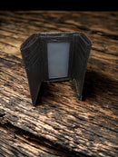 Black Alligator print leather trifold wallet with cowhide inlay and a Praying Cowboy Concho. Inside view showing multiple card slots and a ID window.