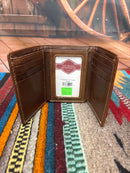 This Coffee Brown leather trifold wallet has a border design around the entire wallet. Inside view showing nine card slots, and a ID window.