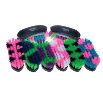 An assortment of colorful horse grooming brushes with intricate patterns and Grip-Fit technology. Sold each. Assorted.