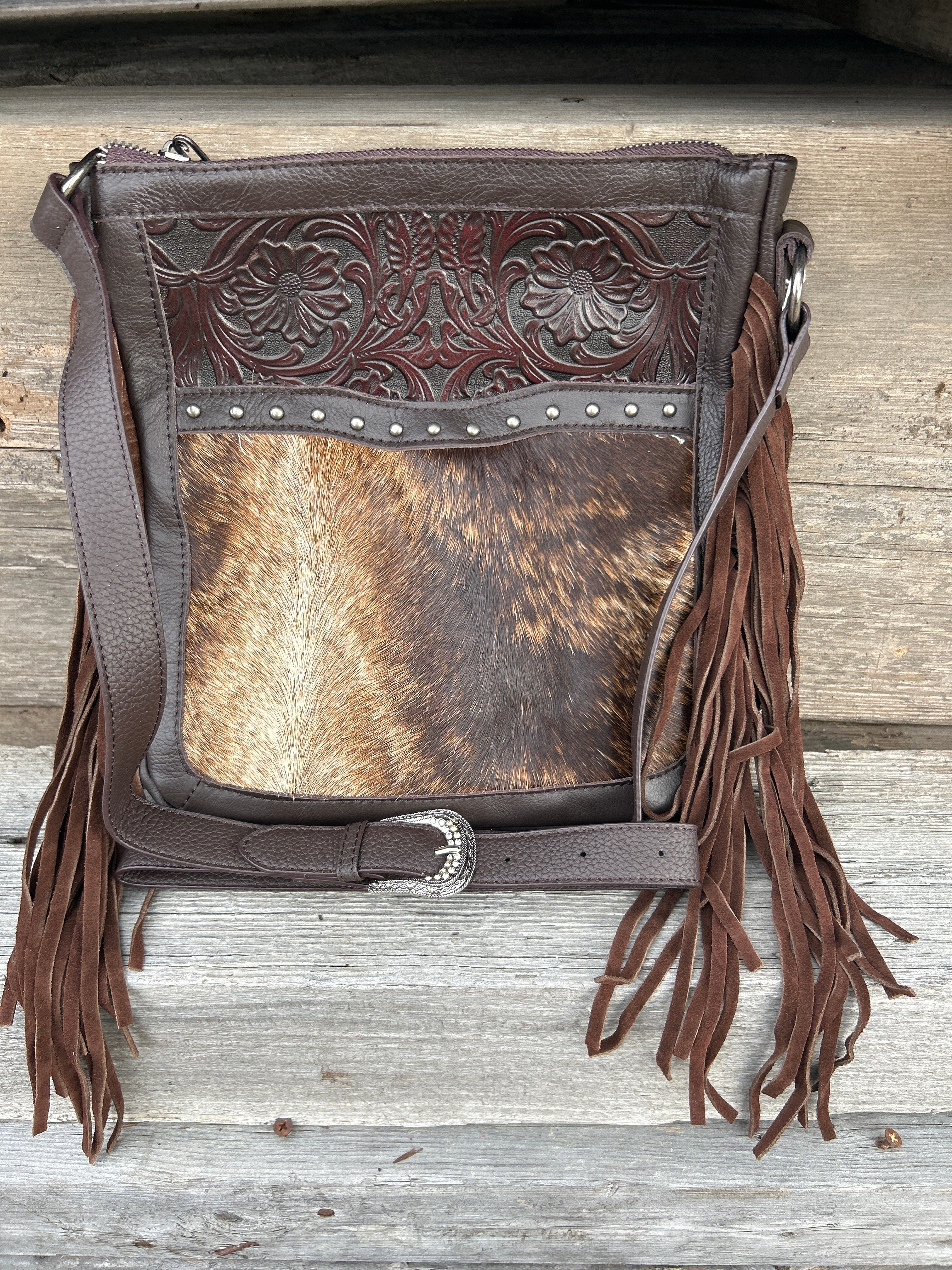 Top Notch Accessories Lisa Cowhide Conceal Carry Purse with Coffee Brown Leather Fringe