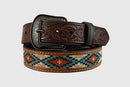 Children's brown leather belt with floral embossed end tabs and needlepoint inlay featuring geometric designs. It includes a silver finish buckle.