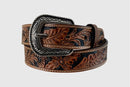 Children's brown tooled leather belt with floral patterns and a silver finish buckle.