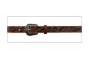 A flat view of a Children's brown tooled leather belt with floral patterns and a silver finish buckle.