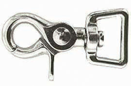 A nickel plated zinc die cast rein snap, with a 3/4 inch square eye and 2 1/2 inch length.