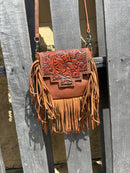 Top Notch Accessories 3018BR Brown Tooled Design Leather Small Fringe Crossbody