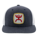 Grey and White snapback cap with Red and Gold Hooey logo patch. Front View
