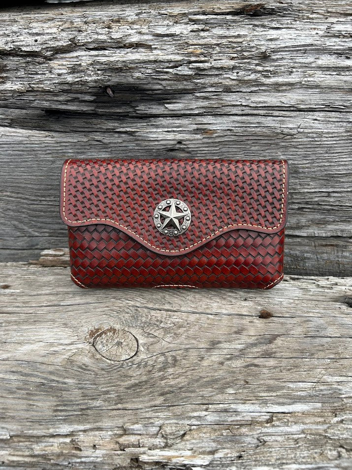 Brown Leather phone case with Texas Star Concho, attaches with a leather belt loop that measures 2 3/4 inches high. Front View
