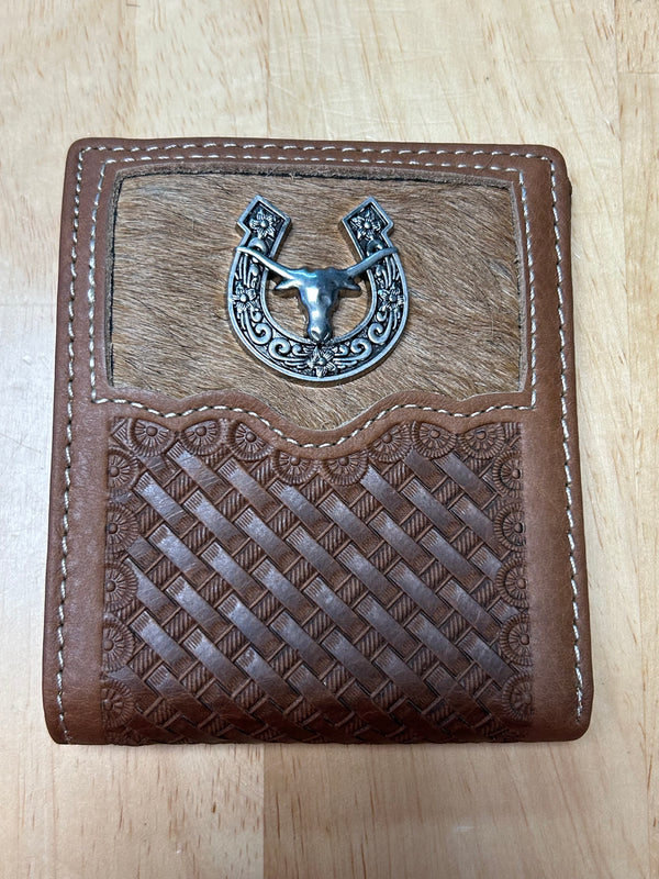 Top Notch Accessories 4004BR Brown Basket Weave Bi-Fold Wallet With Horseshoe & Longhorn Concho