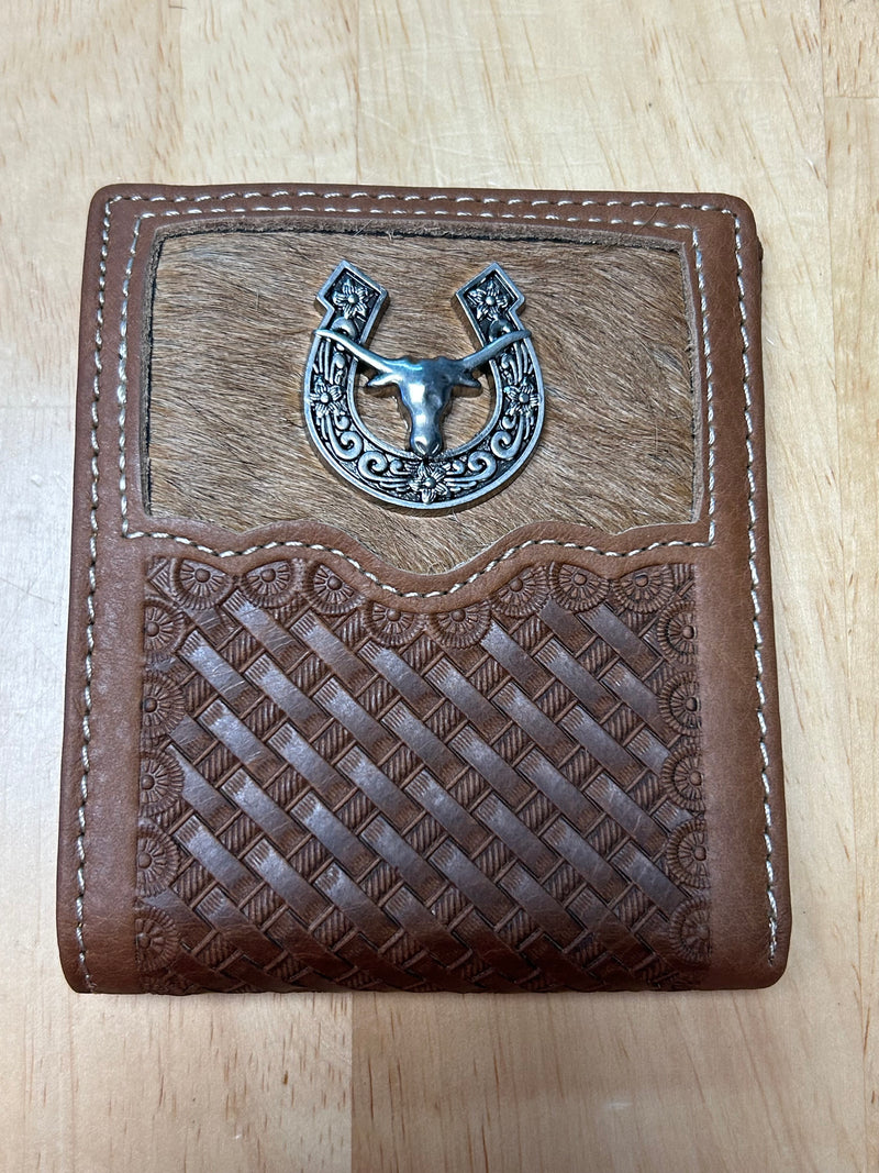 Top Notch Accessories 4004BR Brown Basket Weave Bi-Fold Wallet With Horseshoe & Longhorn Concho