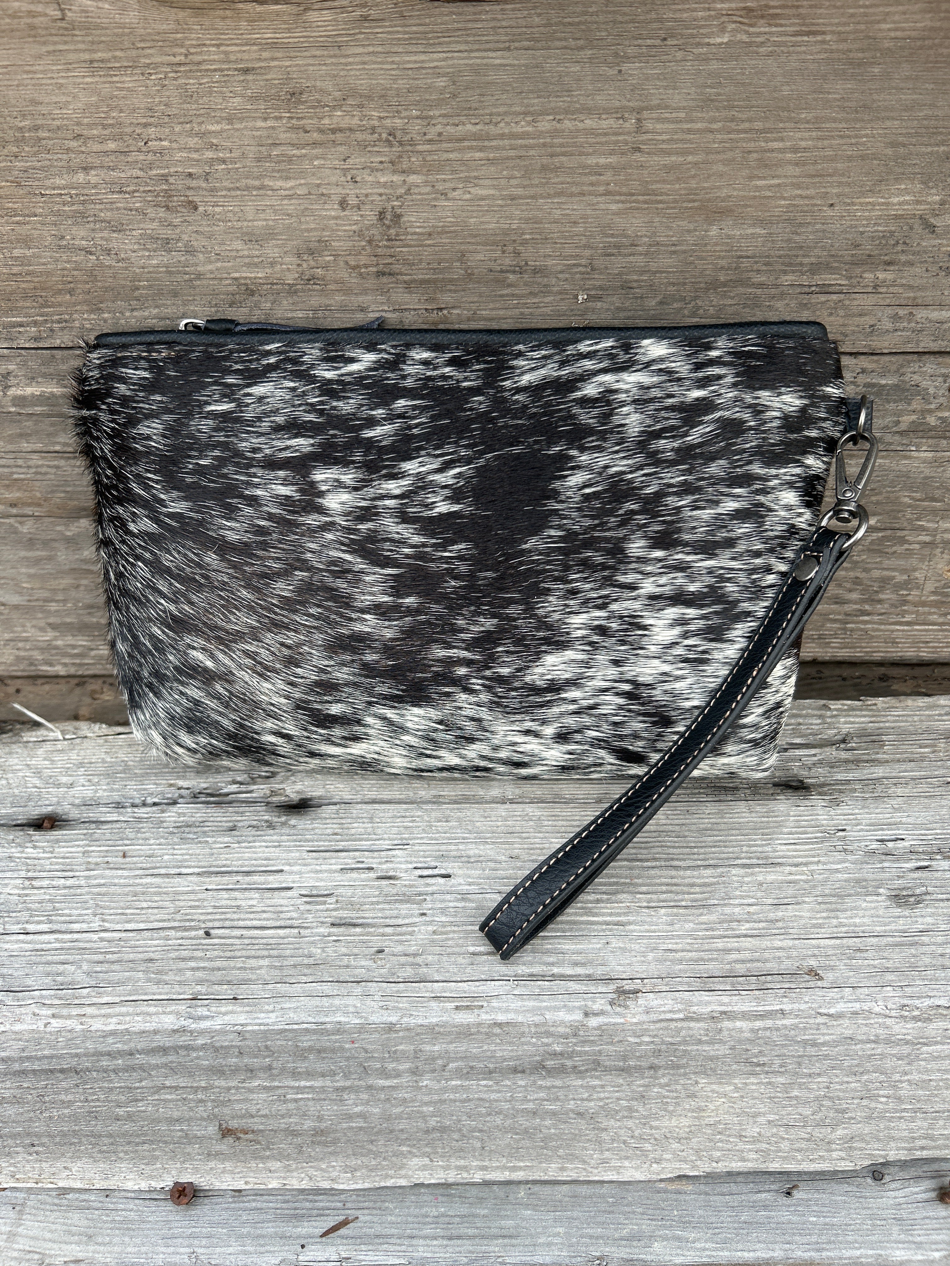 Top Notch Accessories Cowhide and Black Leather Wristlet or Crossbody Bag