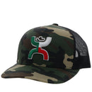 Camouflage  Snapback cap with Red, White, and Green Hooey logo. Front View. 