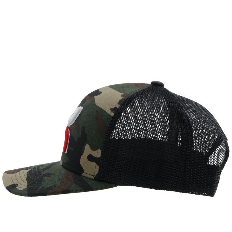 Camouflage  Snapback cap with Red, White, and Green Hooey logo. Side View