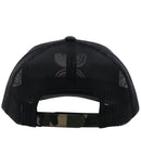 Camouflage  Snapback cap with Red, White, and Green Hooey logo. Rear view showing snapback strap.