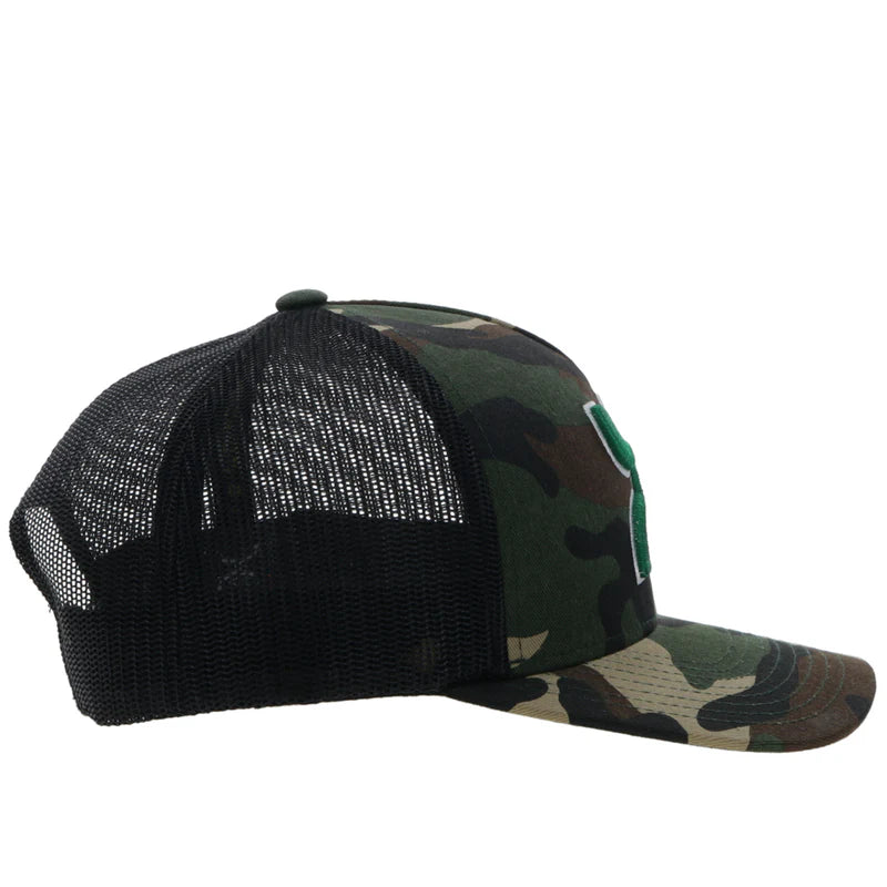 Camouflage  Snapback cap with Red, White, and Green Hooey logo. Side View