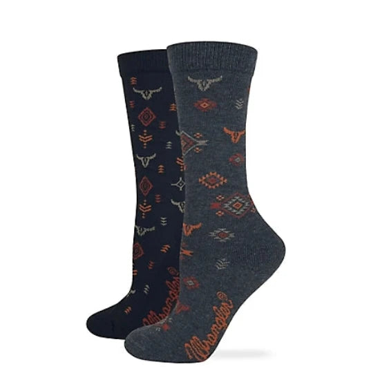 Two pairs of ladies' Wrangler crew socks with a geometric pattern with a steer head in black, red, and gray colors.