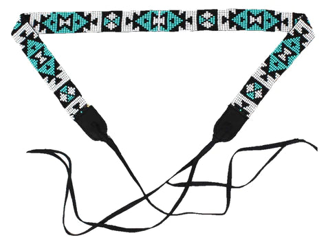 Teal and White geometric design beaded hat band, fully adjustable with tie ends.