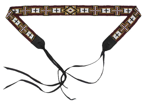 Brown and White geometric design beaded hat band with cross pattern, fully adjustable with tie ends.