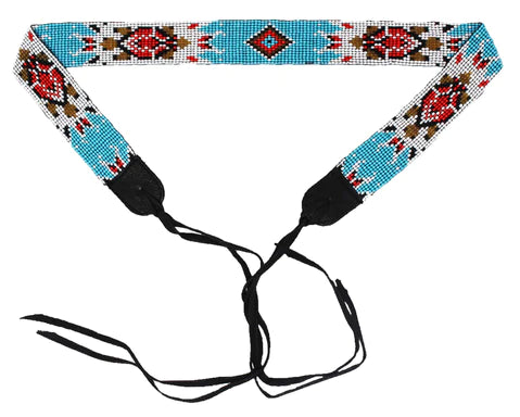 Turquoise, Brown, Red, and White geometric design beaded hat band, fully adjustable with tie ends.