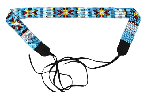 Turquoise, Red, Yellow, and White geometric design beaded hat band, fully adjustable with tie ends.