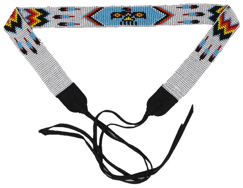 Turquoise, Red, Yellow and White geometric design beaded hat band, fully adjustable with tie ends.