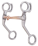 Stainless steel Tom Thumb style snaffle bit with copper plate mouth. Angled shanks.