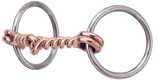 Copper twisted wire mouth snaffle bit with nickel rings for mini horses.