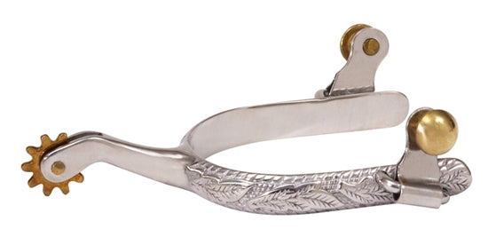 Men's stainless steel roping spur with gold accents and a engraved trim. 