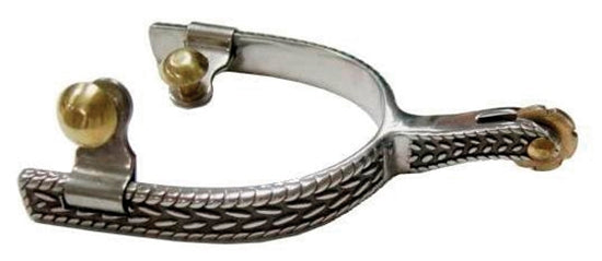 Stainless steel men's spurs with an engraved trim and brass accents. 