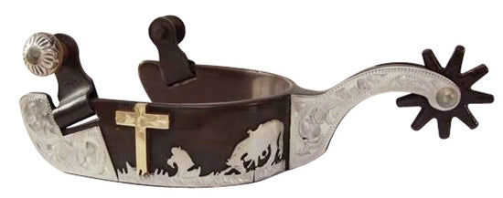 Antique brown spur featuring a praying cowboy kneeling at the cross engraved in German Silver. 