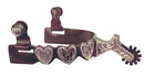 Antique brown spur featuring three decorative hearts hand engraved in German Silver. 